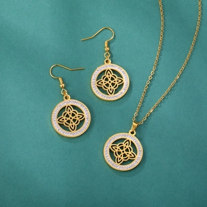 Parure de bijoux nœud de sorcière en acier doré avec pendentifs en cristal de zircon