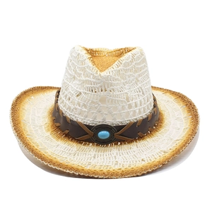 Cappello da cowboy in paglia traforata con tesa arrotolabile e fascia in pelle turchese