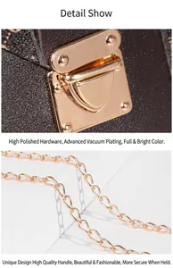 Detail of vintage geometric pattern phone bag with gold chain and polished buckle hardware