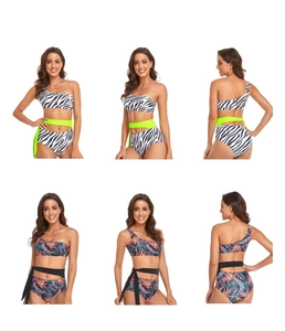 Detail shots of one-shoulder bikini sets in zebra print and tropical palm leaf patterns