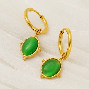 Elegant 18K gold plated stainless steel hoop earrings with green cat eye stone pendants