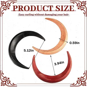 Handcrafted wooden moon hair forks in three colors showing product dimensions and size guide