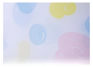 Close-up of fine polyester mesh fabric with colorful bubble patterns for laundry bags
