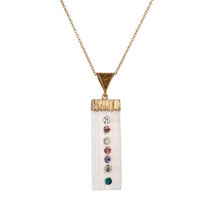 Gold chain necklace with a rectangular white stone pendant and seven colorful gemstones