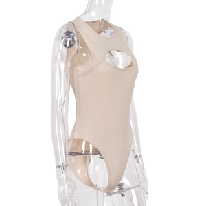 Detail of beige ribbed bodysuit featuring teardrop cut-out and high-stretch texture