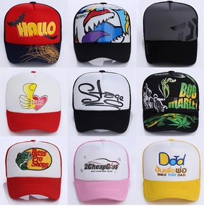 Detailed grid of multicolored foam trucker hats featuring diverse custom print designs
