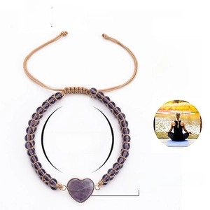 Purple amethyst heart charm beaded bracelet with adjustable beige braided cord