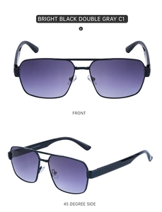 Front and 45-degree side views of bright black sunglasses with double gray gradient lenses
