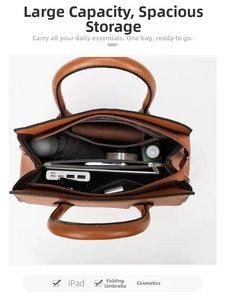 Top view of large capacity brown leather tote bag interior with iPad and daily items
