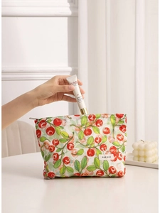 Neceser de maquillaje floral con estampado de cerezas y cierre de cremallera