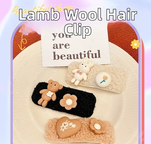 Set of 3 plush faux fur hair clips with cute cartoon bears and hearts in warm colors