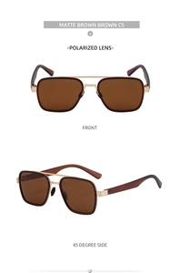 Detail view of matte brown polarized sunglasses with wooden texture temples and gold metal