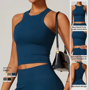 Débardeur de yoga côtelé sans couture pour femme avec dos nageur et ourlet long en 5 couleurs