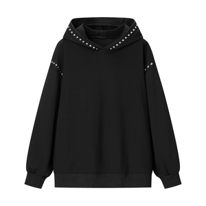 Women Pullover Hoodie Acrylic Studded Rhinestone Hooded Long Sleeve Oversized Streetwear Hip Hop Casual Loose Black