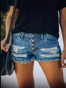 Women's high waist ripped denim shorts in dark blue with fringe hem and button fly