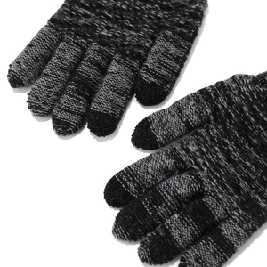 Close-up of knit gloves with black touchscreen fingertips and grey marled texture fabric