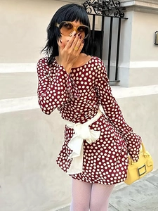 Polka Dot Mini Dress Long Sleeve Round Neck Slim Fit Retro Fashion Polyester Spandex For Women Burgundy