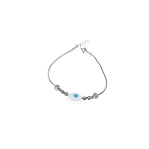 Bracelet chaîne argenté avec pendentif œil bleu Nazar et cils pour femmes