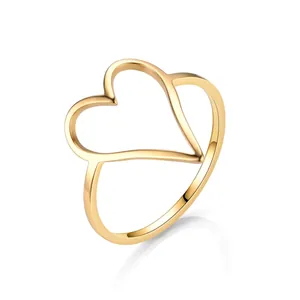 Minimalist gold stainless steel open ring with hollow heart design on a white reflective base