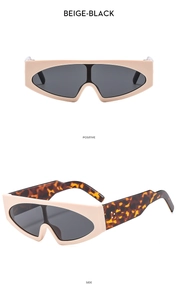 Front and side view of beige shield sunglasses with tortoise shell temples and black lenses
