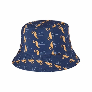 Navy blue bucket hat with yellow flamingo print, reversible stylish sun protection cap