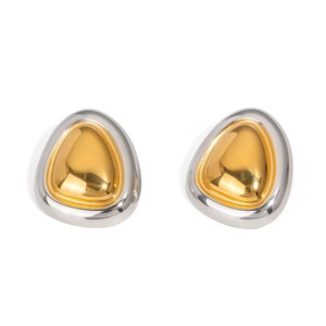 Macro shot of two-tone gold and silver triangular stud earrings in polished stainless steel