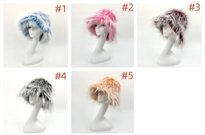 Detailed grid of faux shearling bucket hats in five assorted colors on white head models
