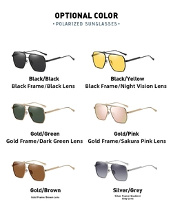 Detailed color chart of polarized men's aviator sunglasses with six distinct lens finishes