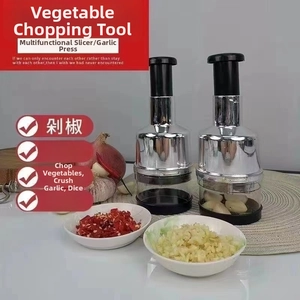 Close-up of manual pressed garlic chopper set with stainless steel body and clear cup