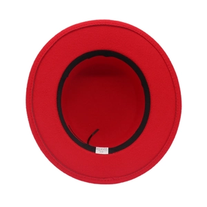 Interior detail of red felt hat showing black sweatband and size 57 fabric label