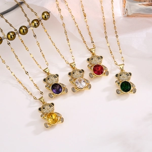 Teddy Bear Pendant Necklace Gold Plated Copper With Colorful Gemstone And Shiny Cubic Zirconia Cute Animal Jewelry For Women