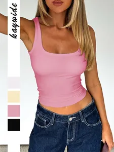 Women Rib-Knit Tank Top Slim Fit U-Neck Sleeveless Crop Top Solid Color Y2K Style Polyester Elastane