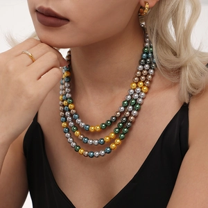Three-layer multi-color 8mm faux pearl necklace on model showing elegant luster and style