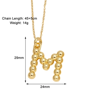 Detailed specs of golden letter M pendant necklace with dimensions and 45cm chain length