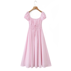 Detailed flat lay of pink striped midi dress with puff sleeves and square neckline