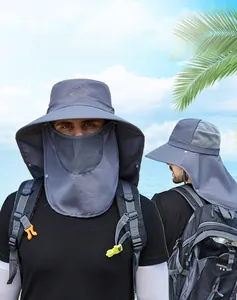 Detail of gray sun hat with removable face mask and neck flap for full protection