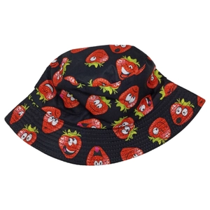 Top view of a black bucket hat with red cartoon strawberry prints and wide brim detail