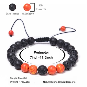 Bracelet de perles en pierre de lave et malachite orange 8mm avec longueur réglable