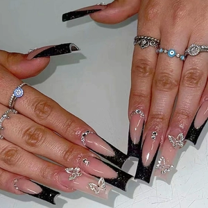 Butterfly Press On Nails Long Coffin Nude Pink Black French Glitter Rhinestones Elegant Fake Nails For Women Girls