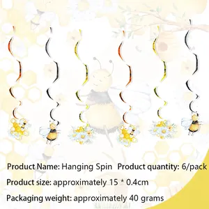 Close-up of 6-piece hanging bee party swirls with bee, honeycomb, and daisy decorations