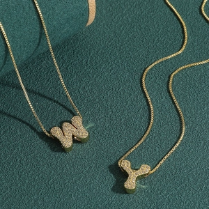 Luxury gold plated alphabet pendant necklace with micro-set crystals on fine box chain