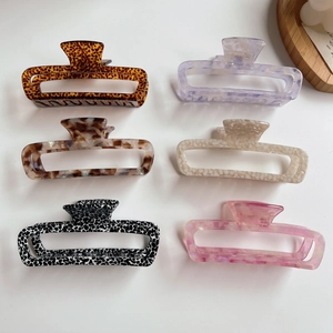 Set of six large acetic acid hollow square hair claws in marble and leopard patterns