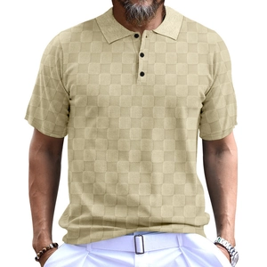 Men's short sleeve polo shirt in beige with stylish jacquard check texture on white background