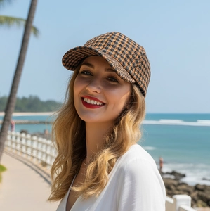 Classic orange and black plaid wool baseball cap worn by a model on a sunny beach