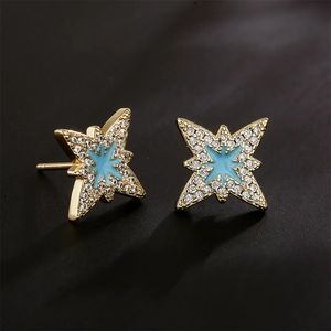 18K gold plated octagonal star earrings with light blue enamel and zircon stones