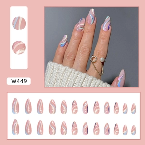 Almond press-on nails with colorful wavy patterns and gold glitter accents in a 24pcs set