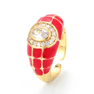 Adjustable gold open ring with red enamel grid patterns and large oval zircon center