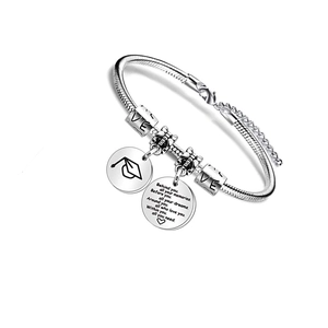 Adjustable silver snake chain bracelet with graduation charms and inspirational quotes