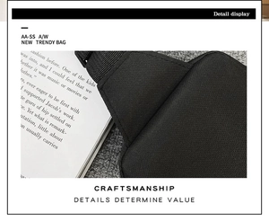 Detailed close-up of durable black fabric texture and stitching on trendy chest bag
