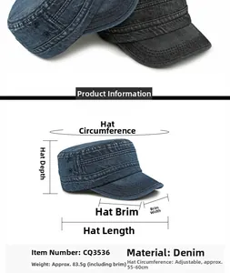 Detail of washed denim military cap with adjustable strap and dimension measurements